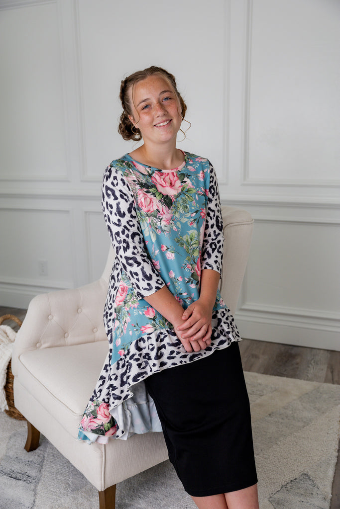 3/4 sleeve modest tops high low prints