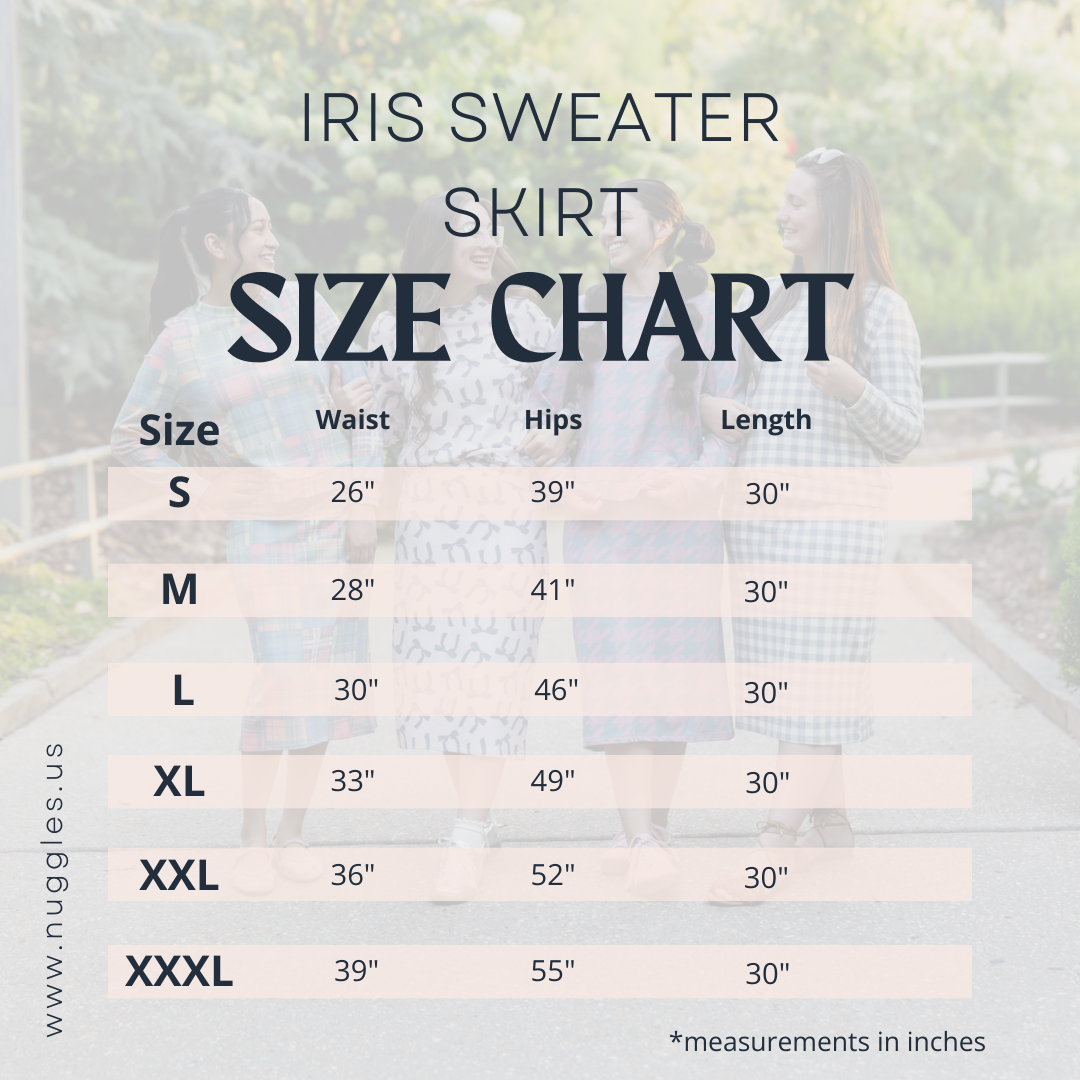 Size guide for Nuggles® Iris modest knit skirt and sweatshirt set including waist, bust, and hip measurements