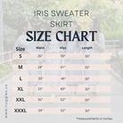 Size guide for Nuggles® Iris modest knit skirt and sweatshirt set including waist, bust, and hip measurements