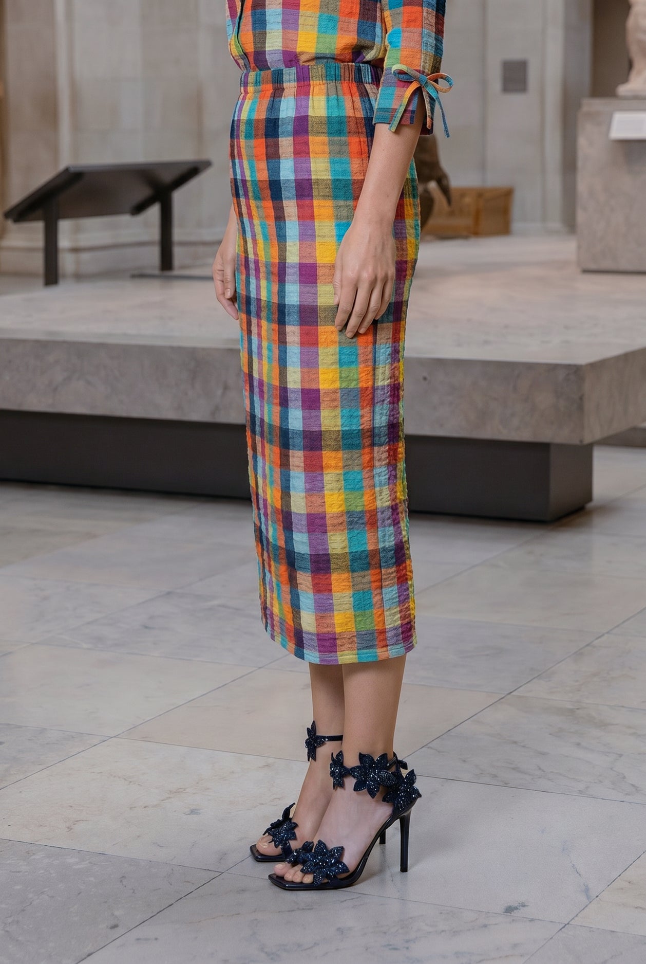 Model wearing Nuggles® 31" Lexi Skirt in Jackson Plaid