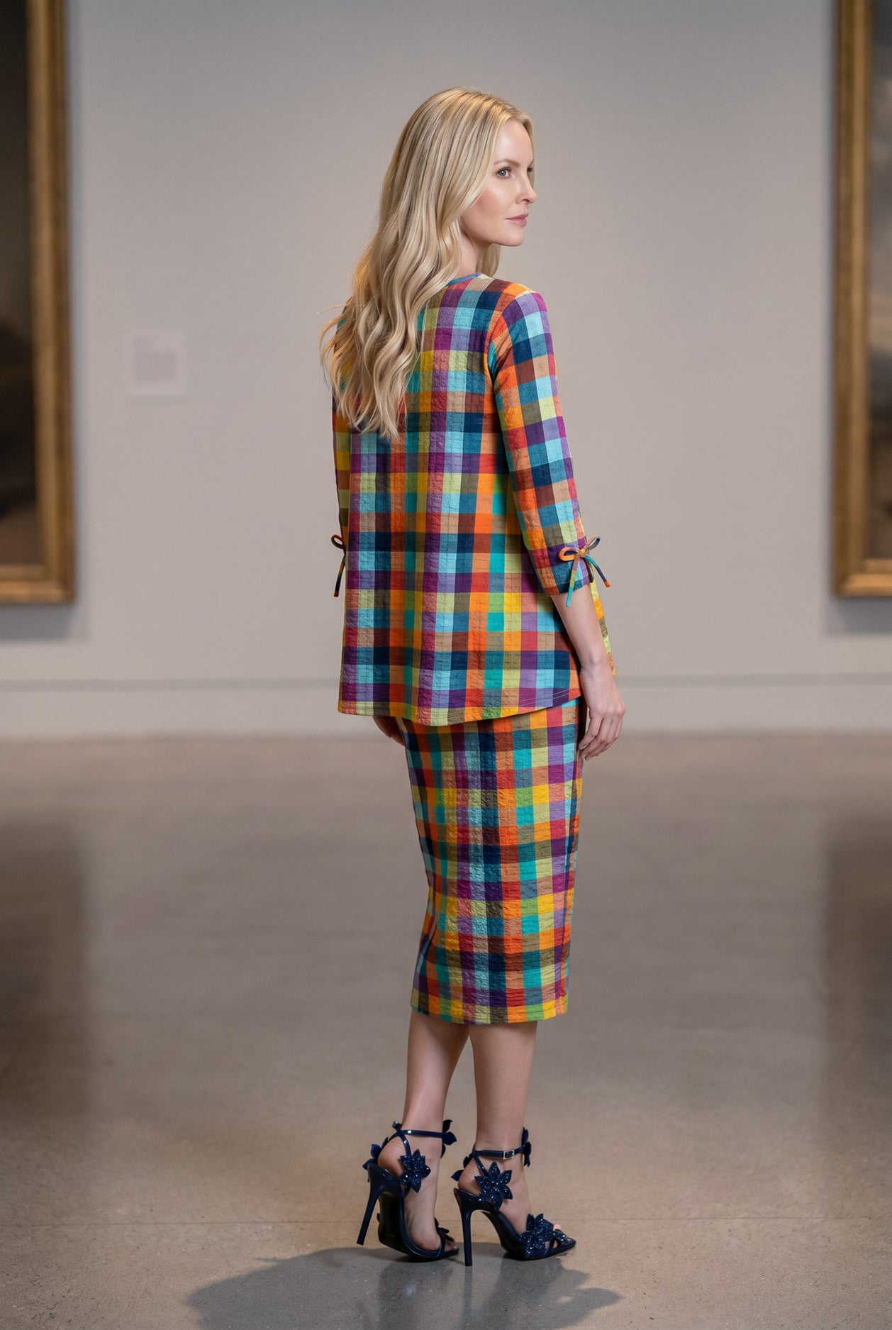 Model wearing Nuggles® Lexi Bow Top in Jackson Plaid