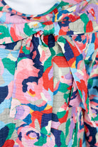 Jelly Pop Eleanor Top by Nuggles, modest bow-neck top with 3/4 sleeves in playful pink patterned fabric