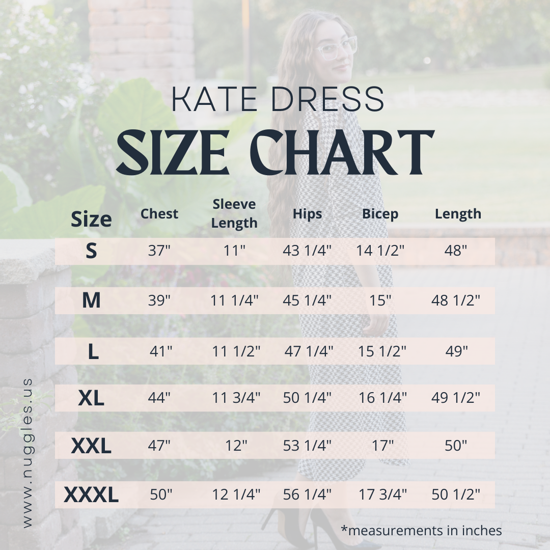 Nuggles® Kate Dress size guide showing measurements and fit details for each size.