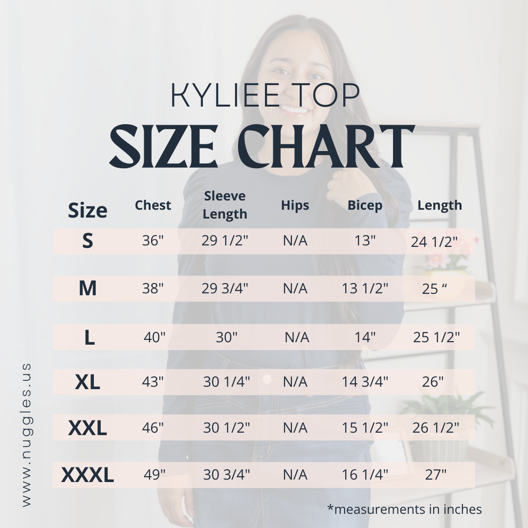 Kyliee Top size chart by Nuggles® – measurements for bust, waist, and length in inches for sizes S to 3X.