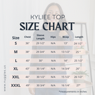Kyliee Top size chart by Nuggles® – measurements for bust, waist, and length in inches for sizes S to 3X.