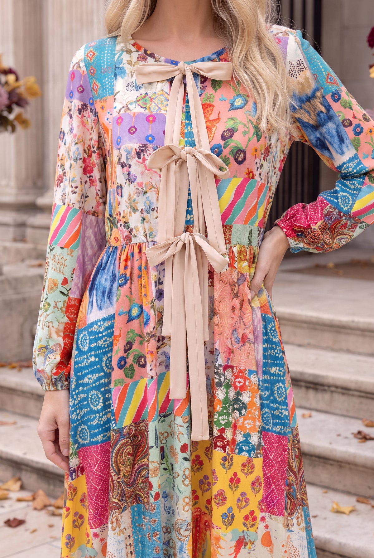Model wearing Nuggles®  Addison Dress in Keepsake Quilt