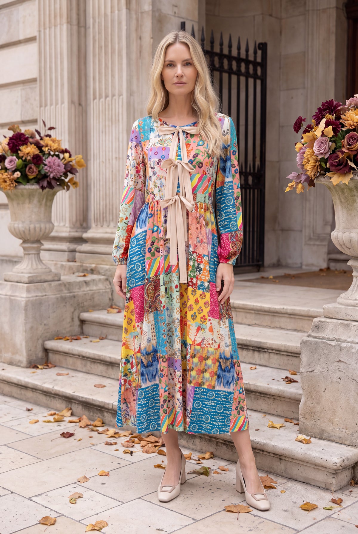 Model wearing Nuggles®  Addison Dress in Keepsake Quilt