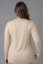 Model wearing Nuggles® Long Sleeve Essential Tee in Khaki