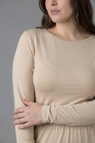 Model wearing Nuggles® Long Sleeve Essential Tee in Khaki