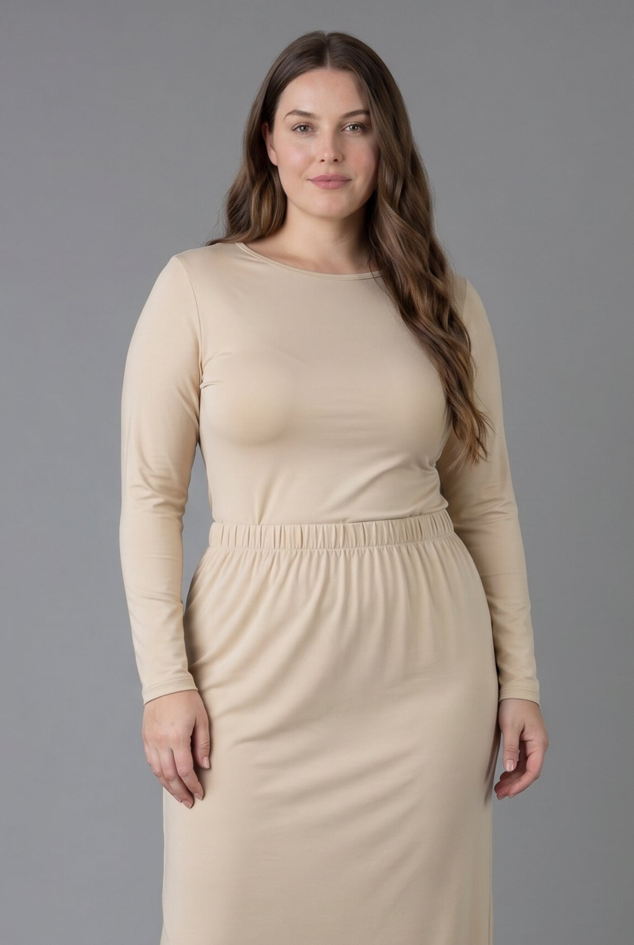 Model wearing Nuggles® Long Sleeve Essential Tee in Khaki