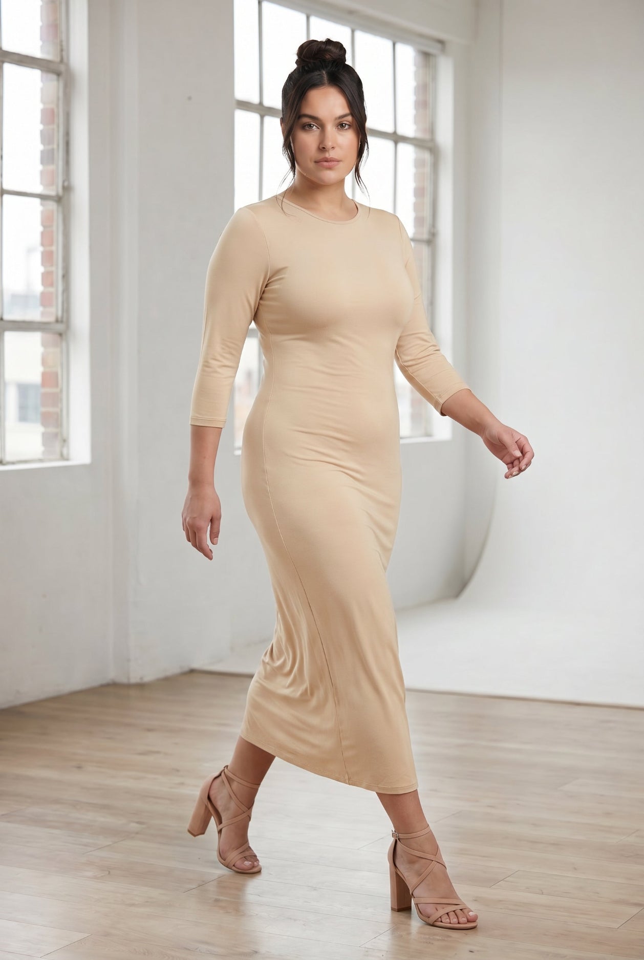 Model wearing Nuggles® Tea Layering Dress in Khaki