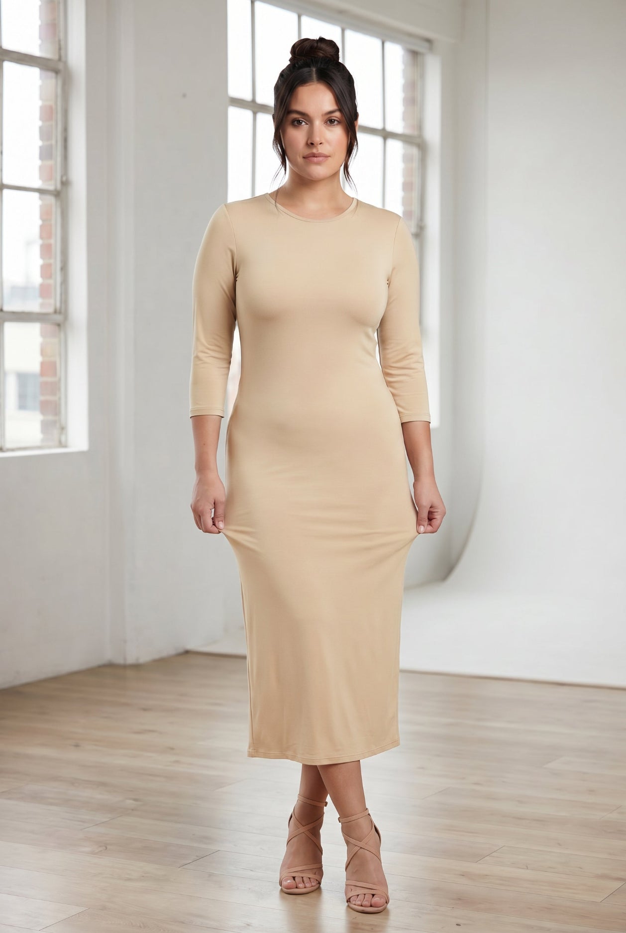 Model wearing Nuggles® Tea Layering Dress in Khaki