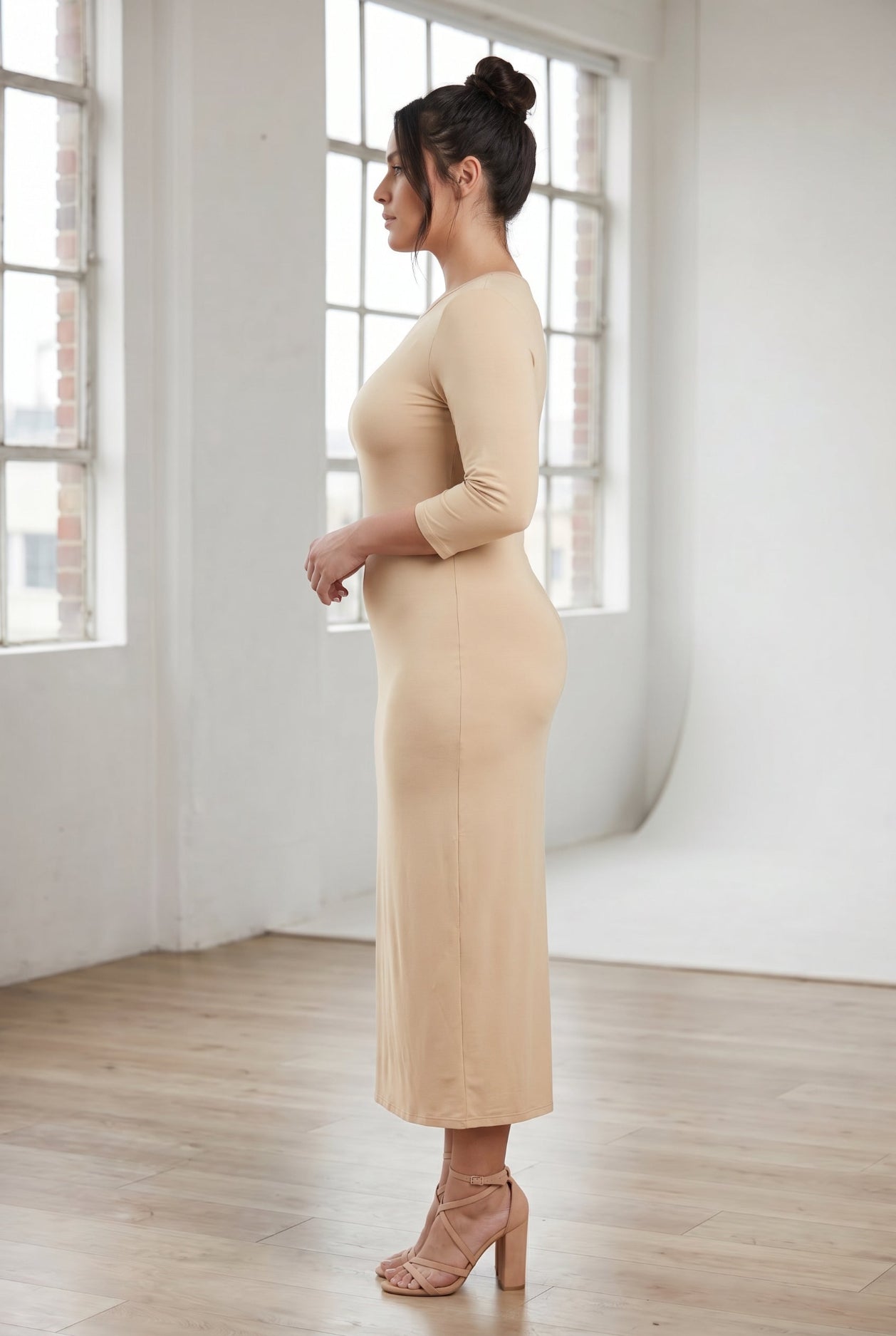 Model wearing Nuggles® Tea Layering Dress in Khaki