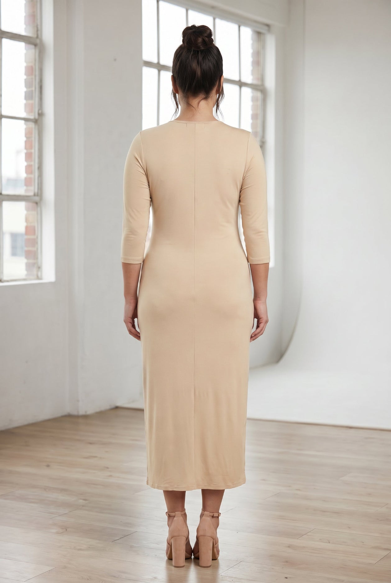 Model wearing Nuggles® Tea Layering Dress in Khaki