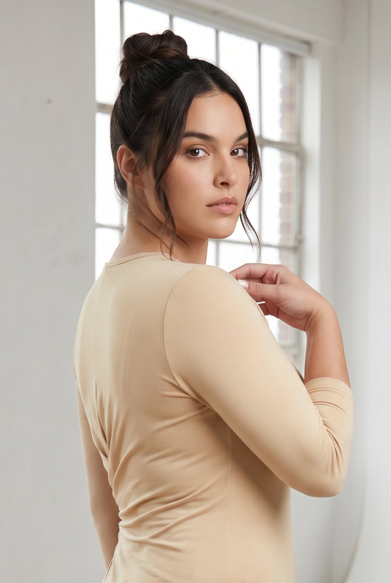 Model wearing Nuggles® Tea Layering Dress in Khaki