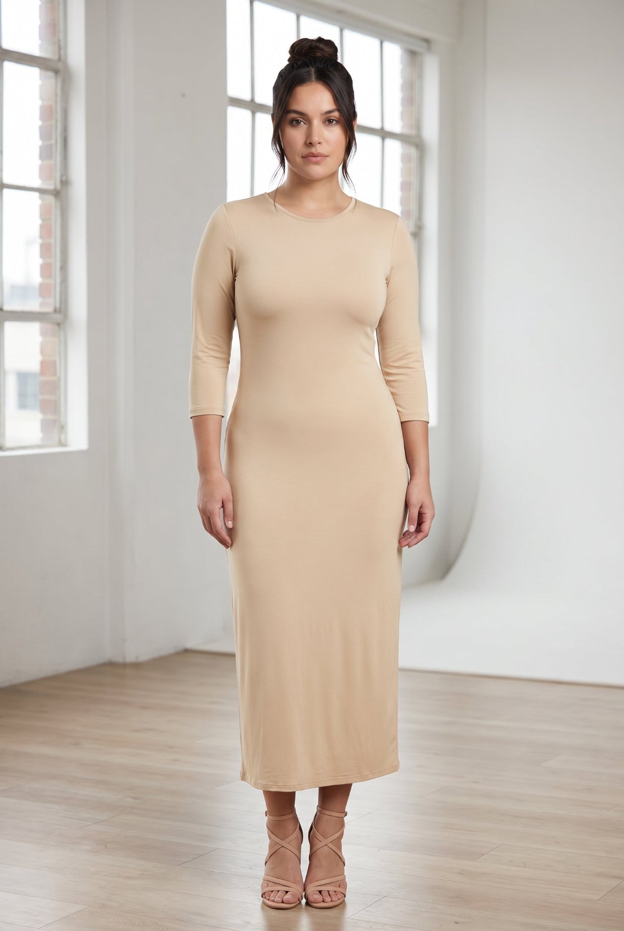 Model wearing Nuggles® Tea Layering Dress in Khaki