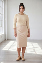 Model wearing Nuggles® 3/4 Essential Ribbed Tee in Khaki