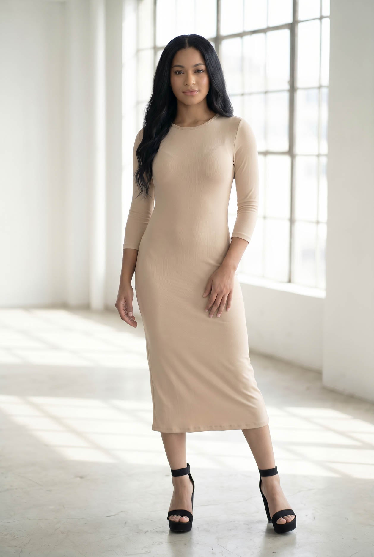 Model wearing Nuggles® Ribbed Layering Dress in Khaki