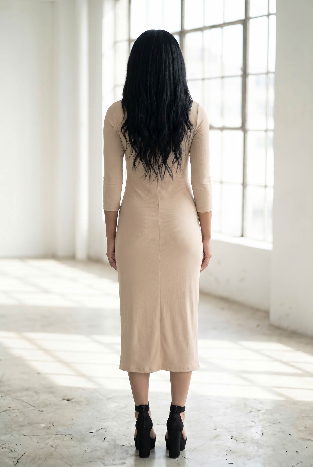 Model wearing Nuggles® Ribbed Layering  Dress in Khaki