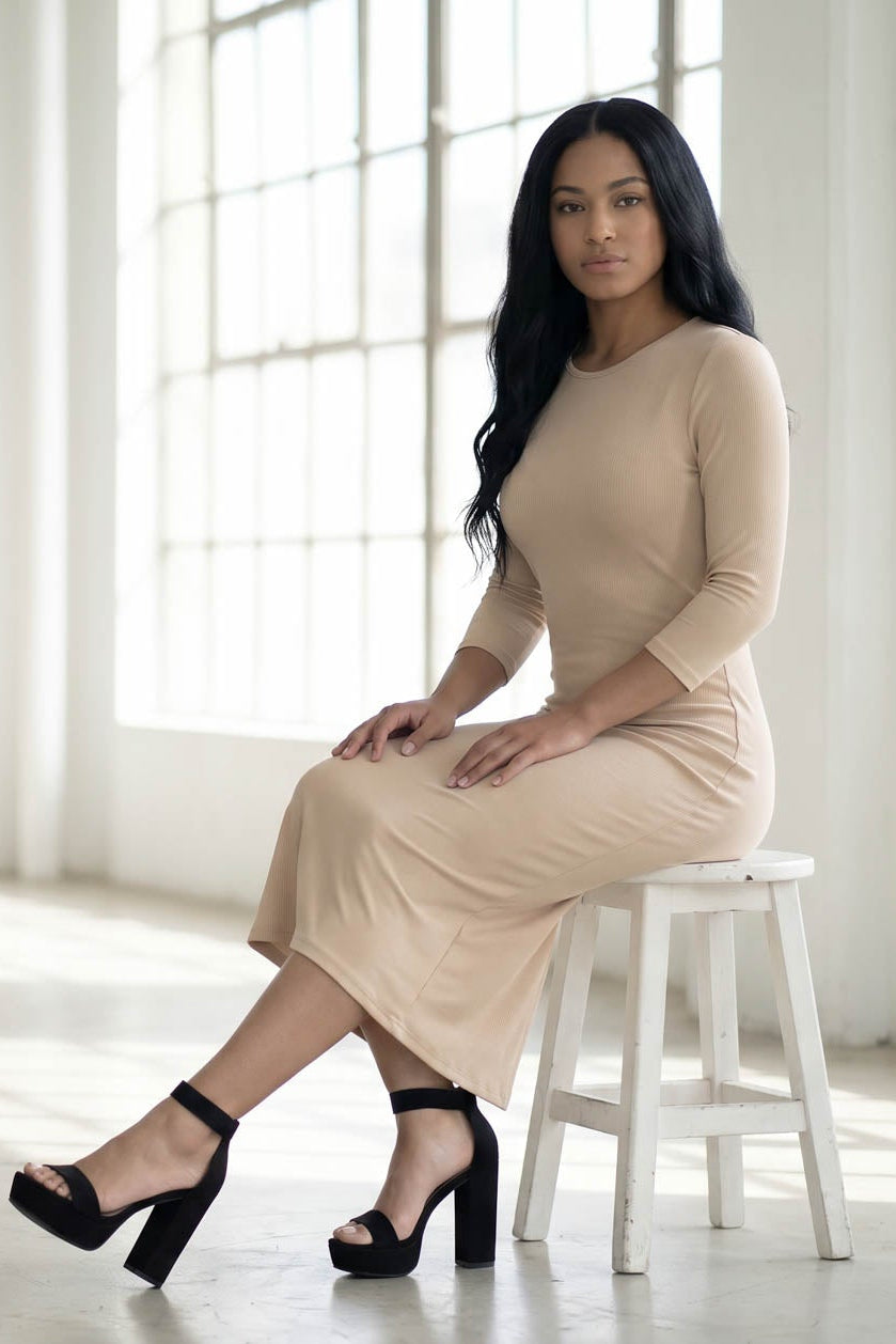 Model wearing Nuggles® Ribbed Layering Dress in Khaki