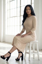 Model wearing Nuggles® Ribbed Layering Dress in Khaki