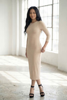 Model wearing Nuggles® Ribbed Layering Dress in Khaki
