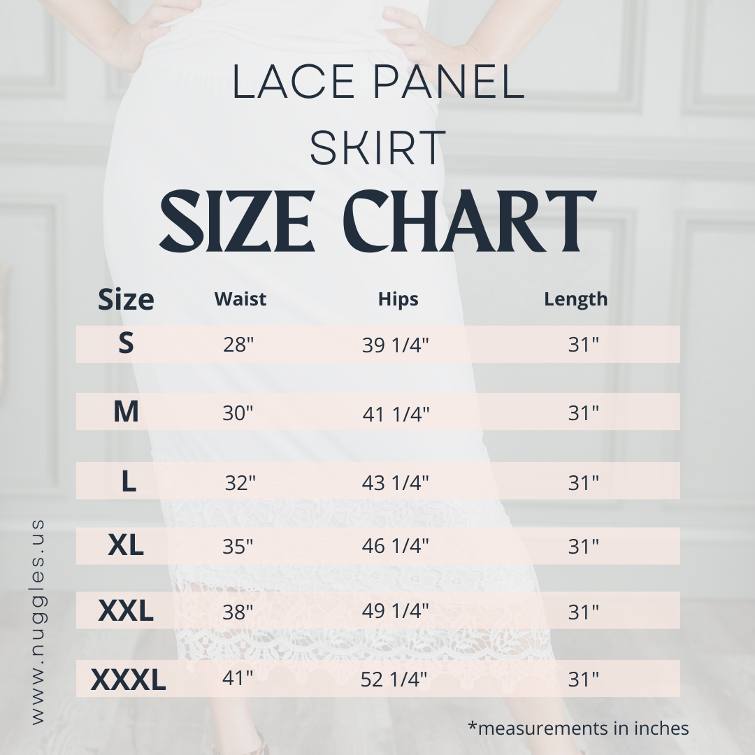 Nuggles® Lace Panel Skirt size chart with waist, hip, and length measurements for modest midi skirt.