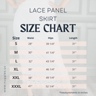 Nuggles® Lace Panel Skirt size chart with waist, hip, and length measurements for modest midi skirt.