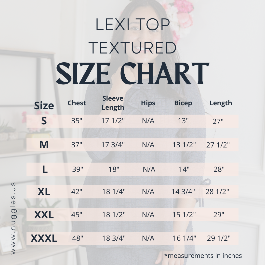 Lexi Top size chart – modest women’s tunic top sizing guide by Nuggles®, includes measurements for chest, waist, hips, and length