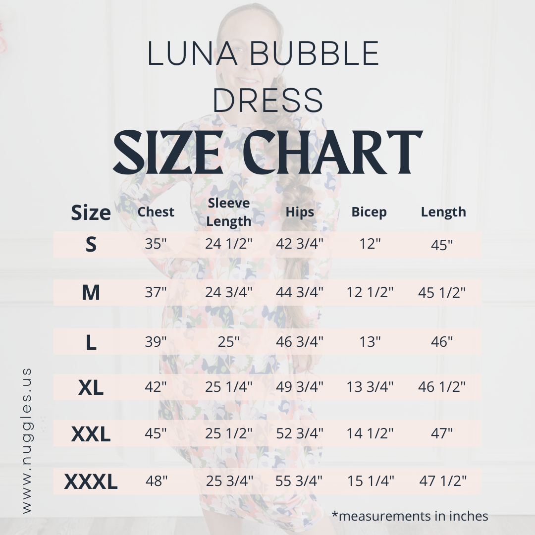 Luna Bubble Dress size chart by Nuggles® – modest fit guide with measurements for chest, waist, and length, tailored women’s sizing.