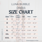 Luna Bubble Dress size chart by Nuggles® – modest fit guide with measurements for chest, waist, and length, tailored women’s sizing.