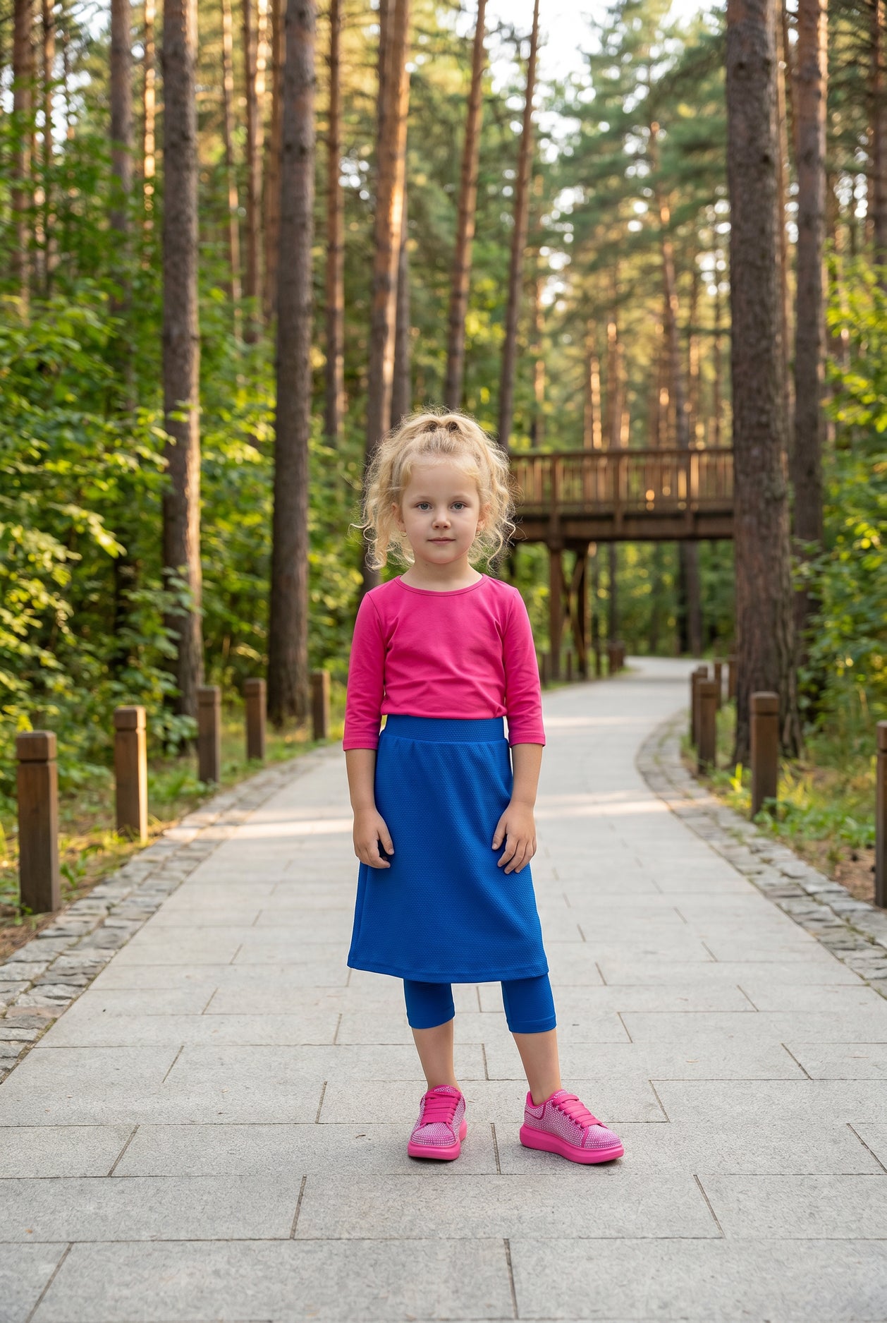 Model wearing Nuggles® Girls All-Sport Skirt in Lapiz Blue