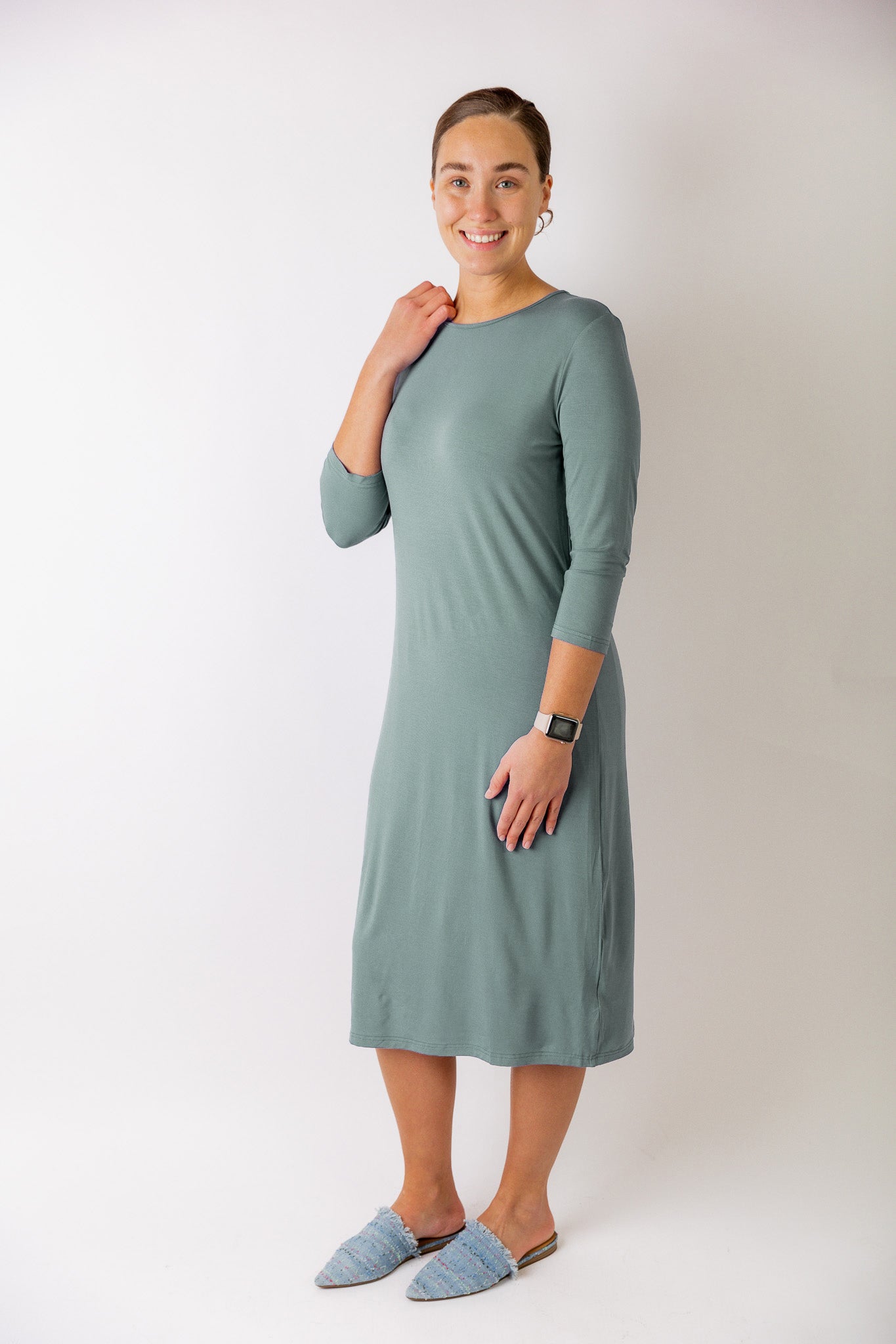 Model wearing  Nuggles® Original Style Midi Layering Dress in soft cotton knit