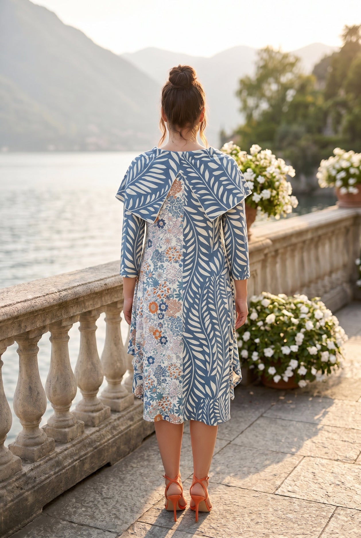 The Nuggles® Bailey Dress in Leaf & Bloom midi length, two tone with cowl neckline