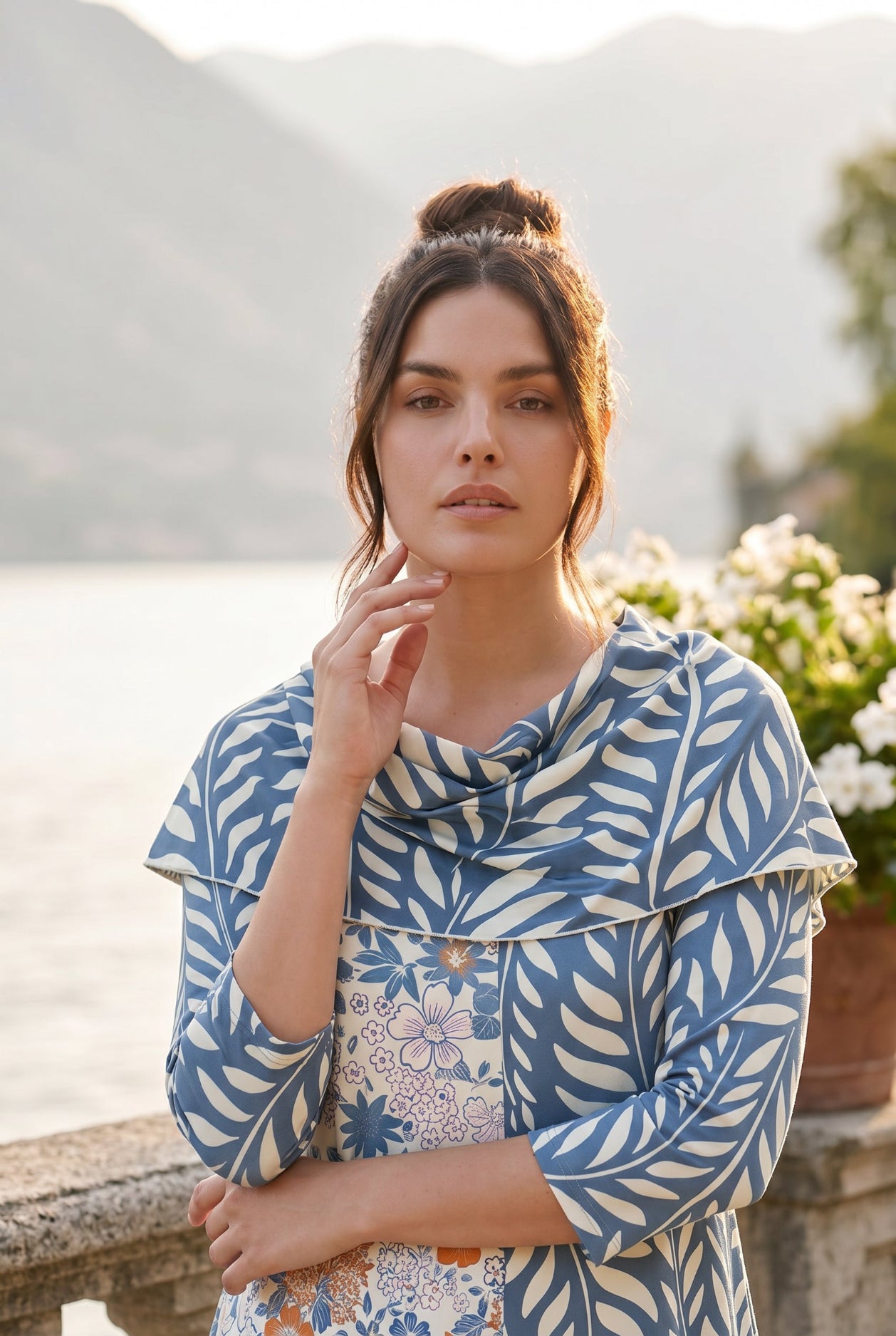 The Nuggles® Bailey Dress in Leaf & Bloom midi length, two tone with cowl neckline