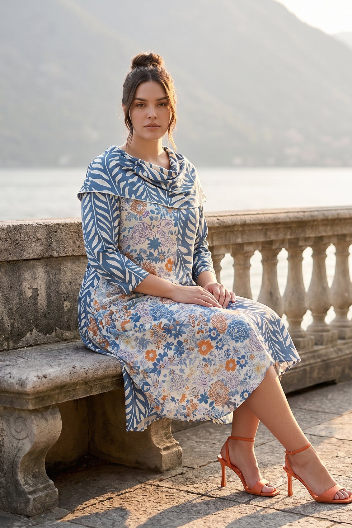 The Nuggles® Bailey Dress in Leaf & Bloom midi length, two tone with cowl neckline