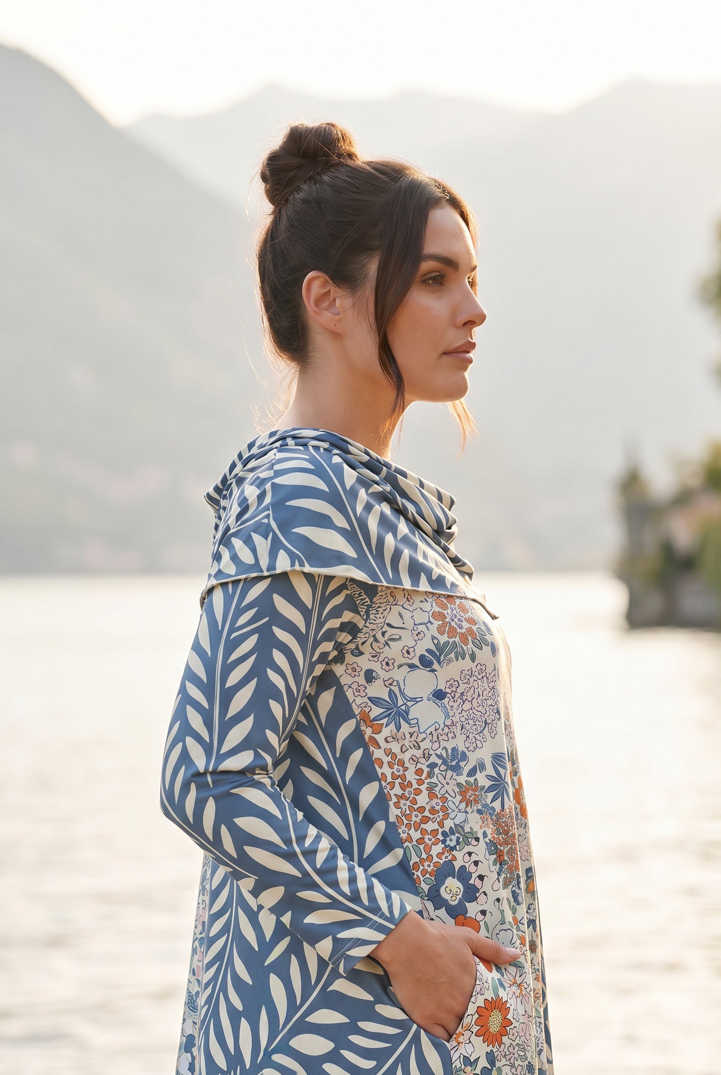 The Nuggles® Bailey Dress in Leaf & Bloom midi length, two tone with cowl neckline