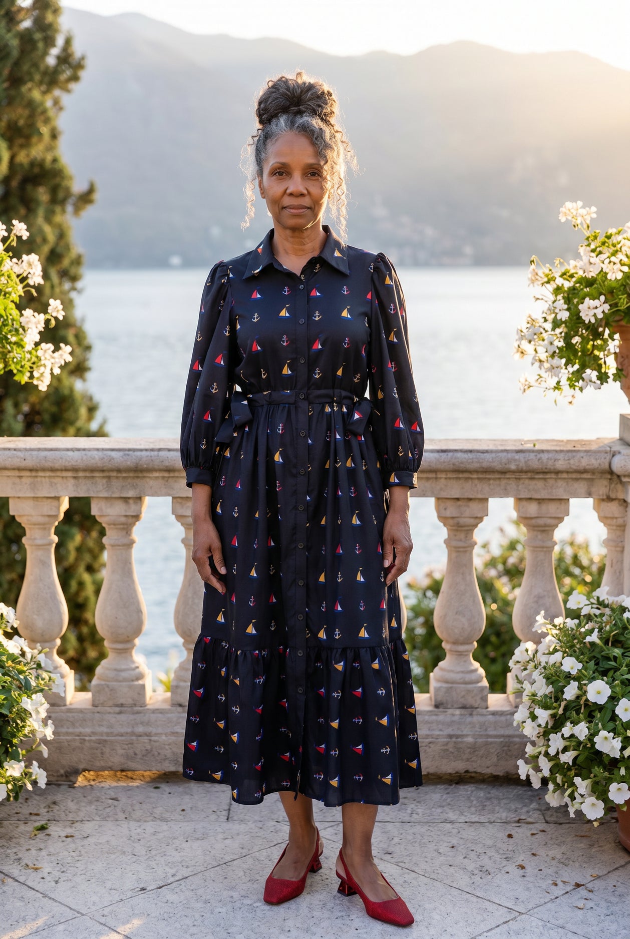 A picture of an older women wearing a blue button down dress. 