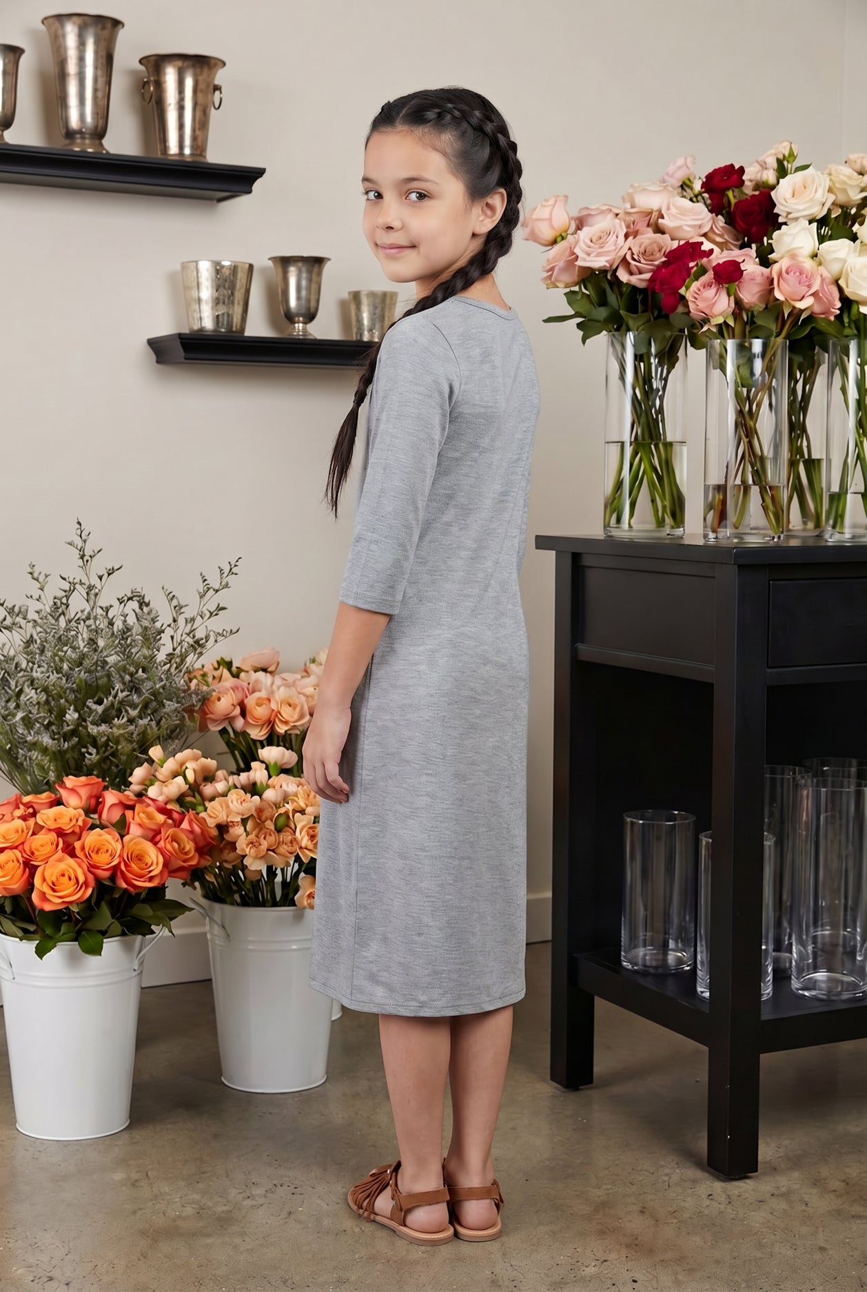Model wearing Nuggles® Girls Midi Layering Dress in Light Heather 