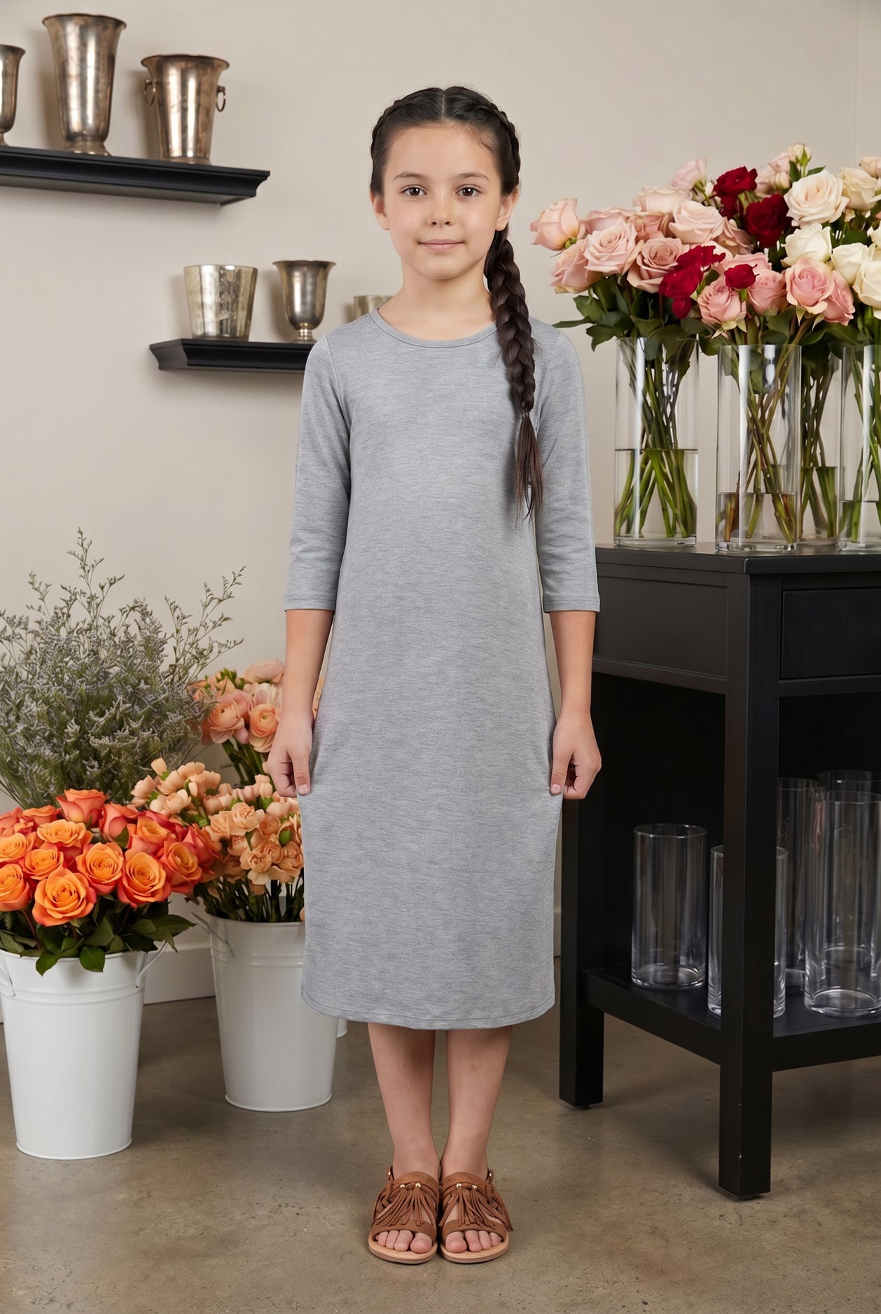 Model wearing Nuggles® Girls Midi Layering Dress in Light Heather 