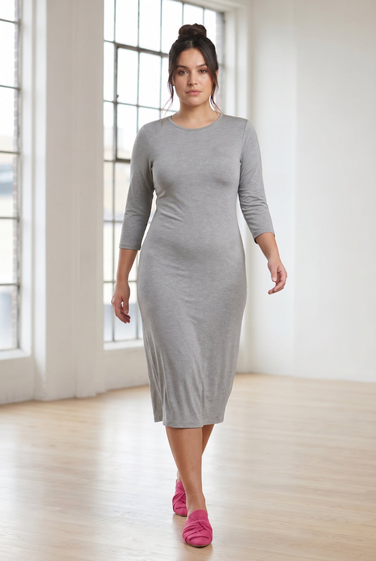 Model wearing Nuggles® Midi Layering Dress in Light Heather
