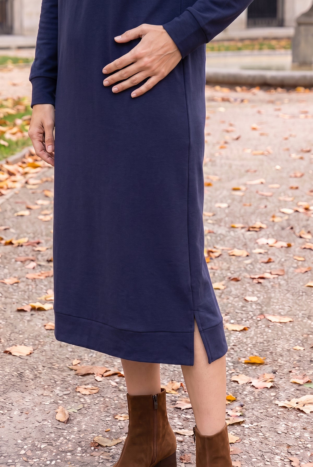 Model wearing Nuggles®   Hoodie Dress in Light Navy