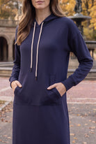 Model wearing Nuggles®   Hoodie Dress in Light Navy