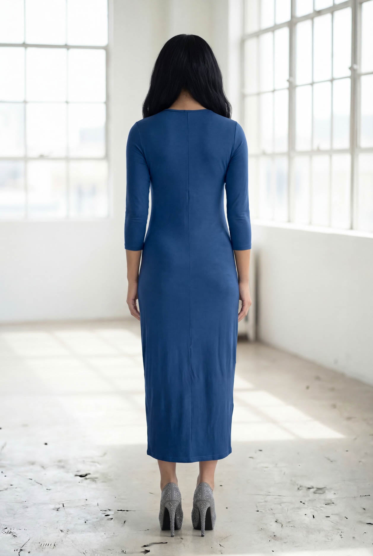 Model wearing Nuggles® Tea Layering Dress in Light Navy