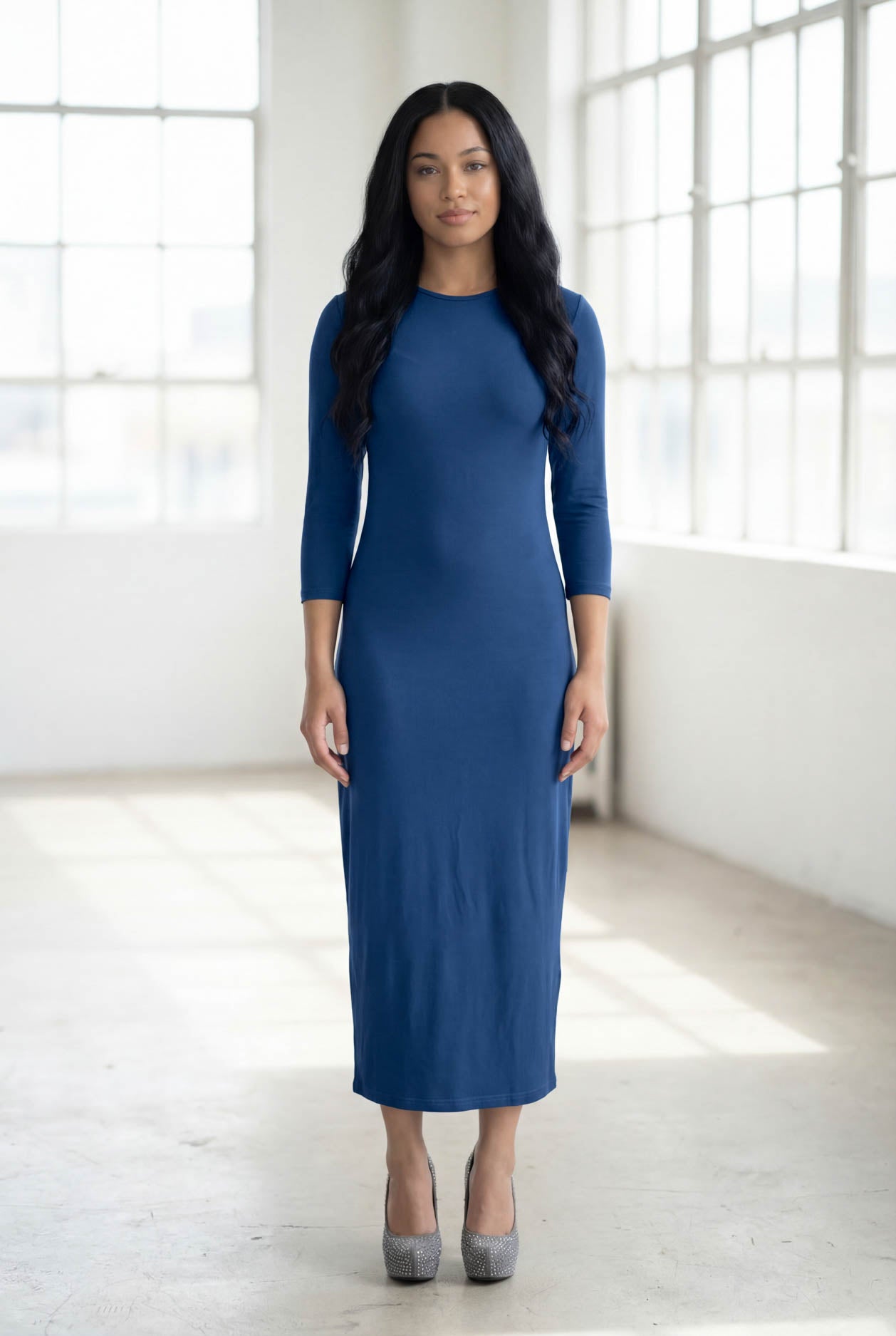Model wearing Nuggles® Tea Layering Dress in Light Navy
