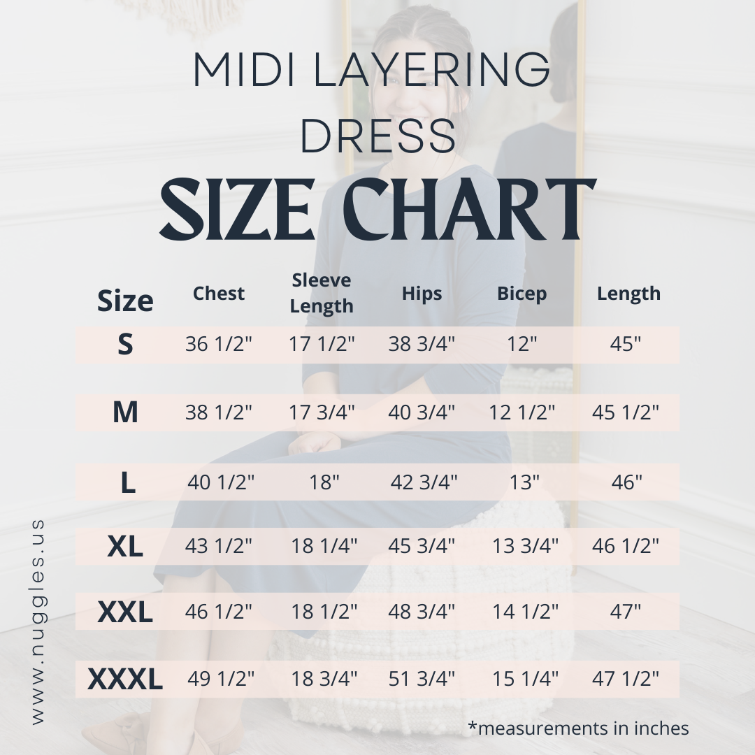 Size chart for The Original Midi Layering Dress by Nuggles® showing measurements for bust, waist, hip, and length in inches.
