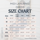 Size chart for The Original Midi Layering Dress by Nuggles® showing measurements for bust, waist, hip, and length in inches.