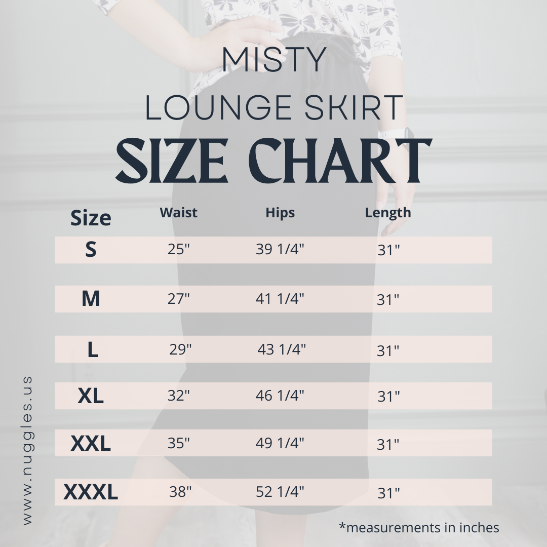 Size chart for Nuggles®  Misty Lounge Skirt with detailed waist, hip, and length measurements for each size.