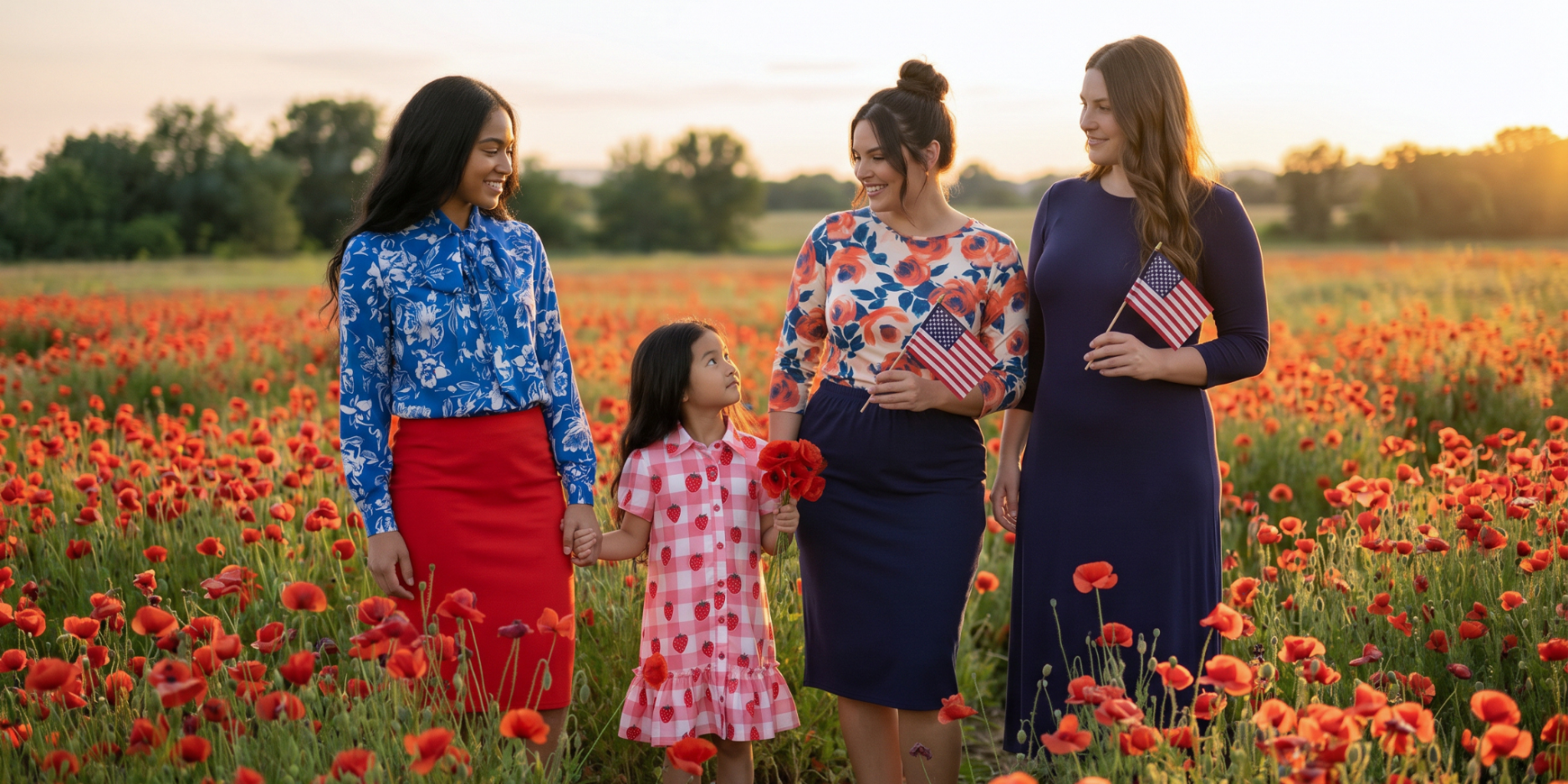 A picture of a group of women and a girl wearing red, white and blue clothing from Nuggles.