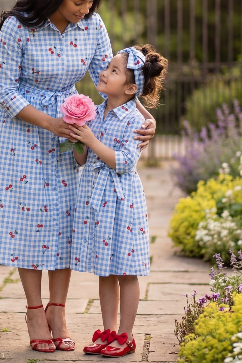 Woman and young girl in matching blue checkered dresses holding a pink flower in a garden.